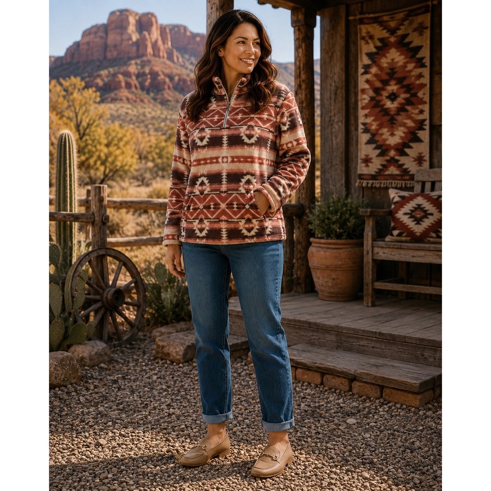 Grace & Emma 2XL Southwestern Sherpa Fleece Quarter Zip Pullover‎ Western Pink